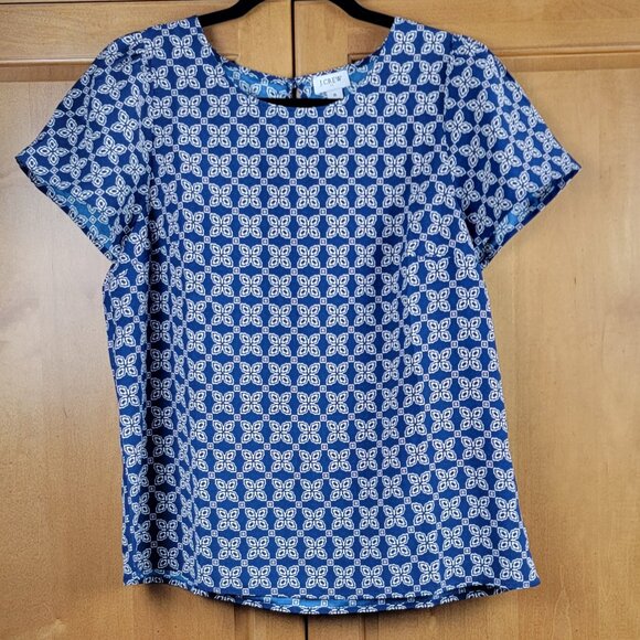J. Crew Navy Cream Geometric Print Short Sleeve Blouse - S - Picture 1 of 7